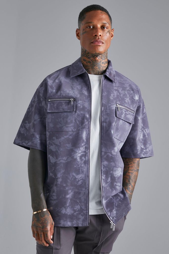 Men's Oversized Boxy Zip Marble Pu Overshirt - Grey - M, Grey