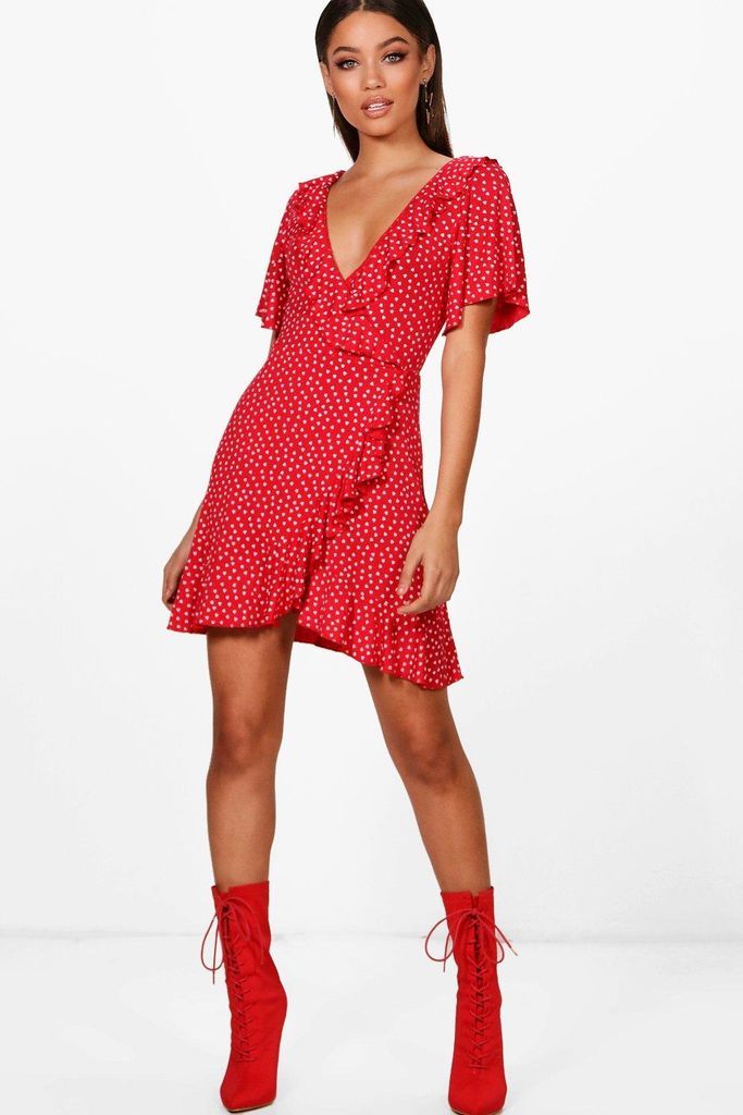 Womens Ditsy Heart Tea Dress - Red - 8, Red