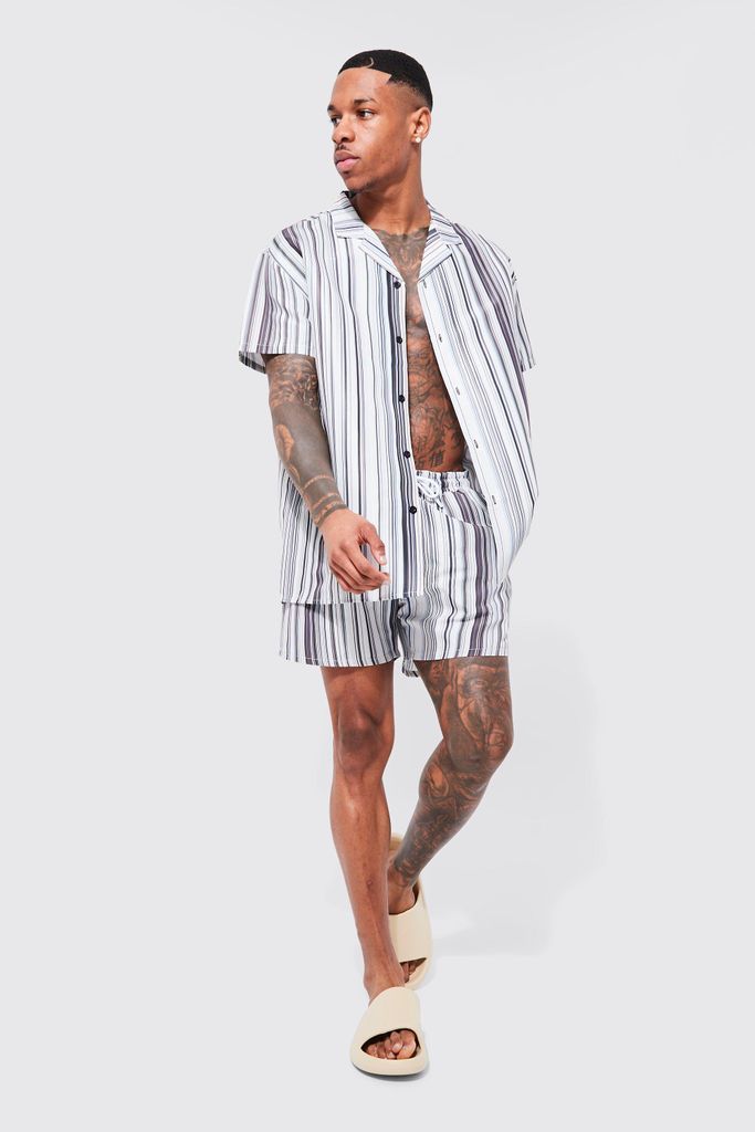 Men's Short Sleeve Multi Stripe Shirt And Swim Set - Brown - S, Brown