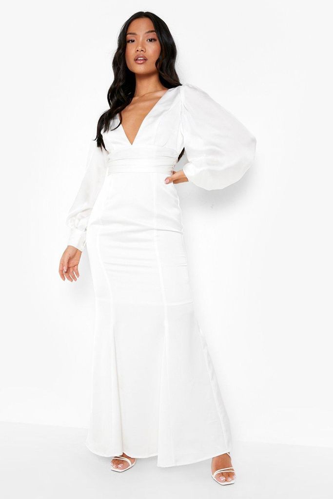 Womens Petite Volume Sleeve Satin Occasion Dress - White - 10, White