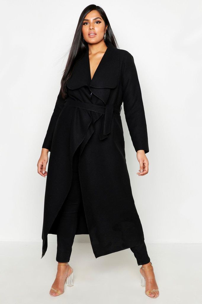 Womens Plus Maxi Length Wool Look Wrap Coat - Black - 22, Black