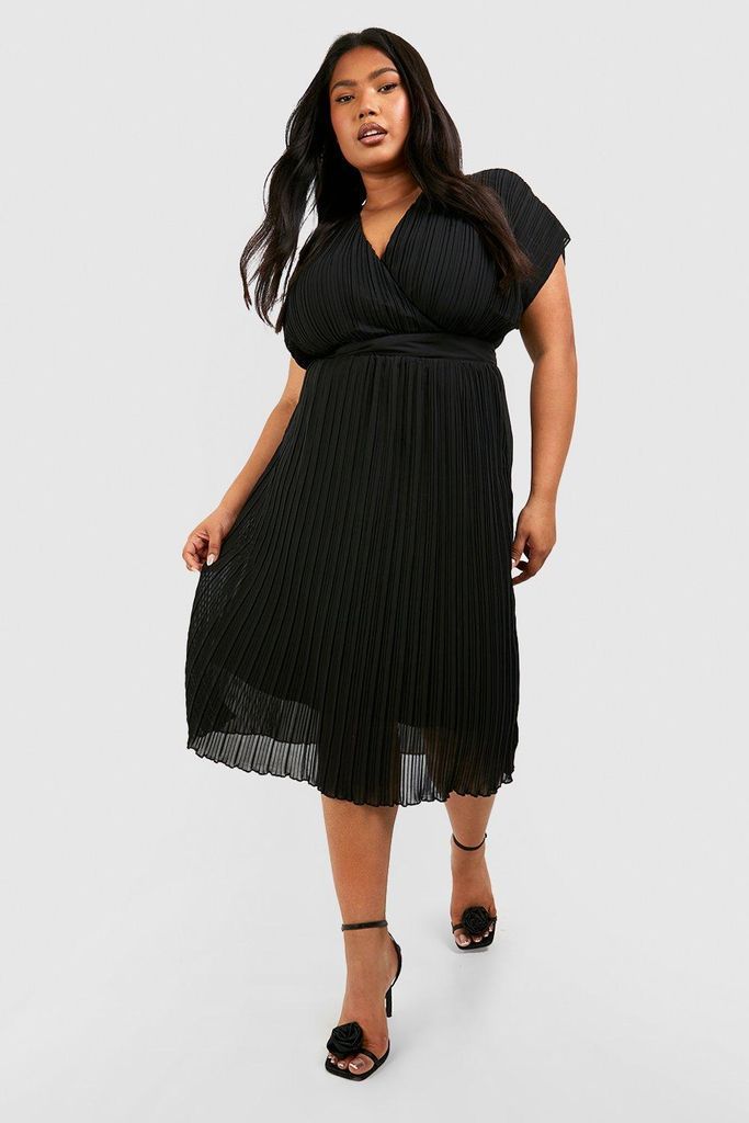 Womens Plus Occasion Pleated Wrap Midi Dress - Black - 16, Black