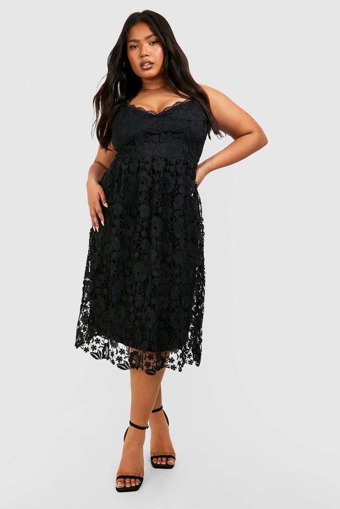 Womens Plus Crochet Lace Midi Skater Dress - Black - 28, Black