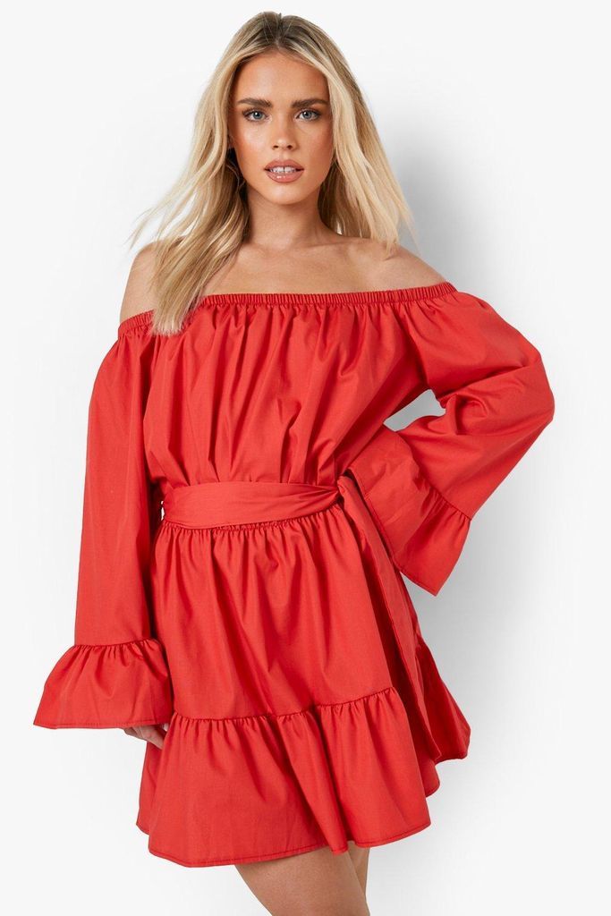 Womens Petite Cotton Bardot Belted Mini Dress - Red - 8, Red