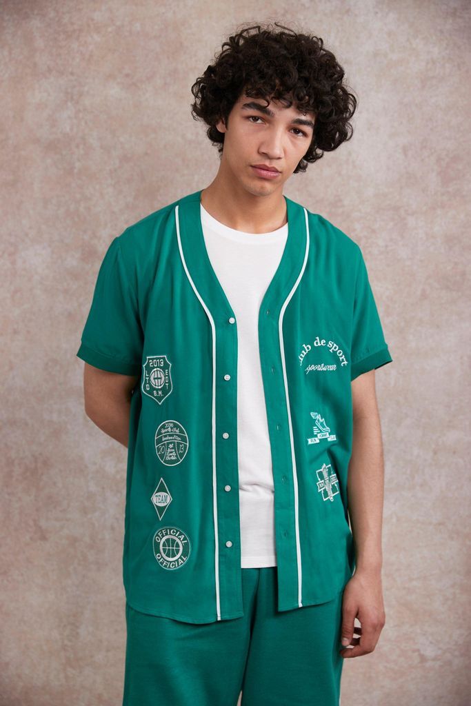 Men's Viscose Baseball Embroidered Shirt - Green - M, Green