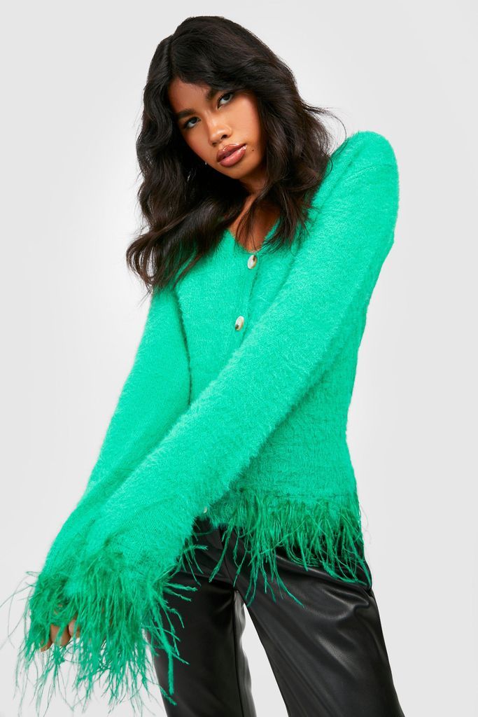 Womens Feather Trim Fluffy Cardigan - Green - M, Green