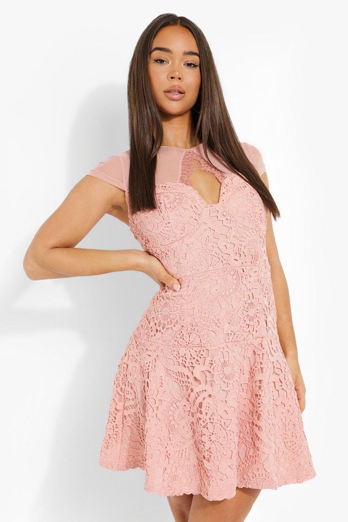 Womens Lace Cut Out Skater Dress - Pink - 10, Pink