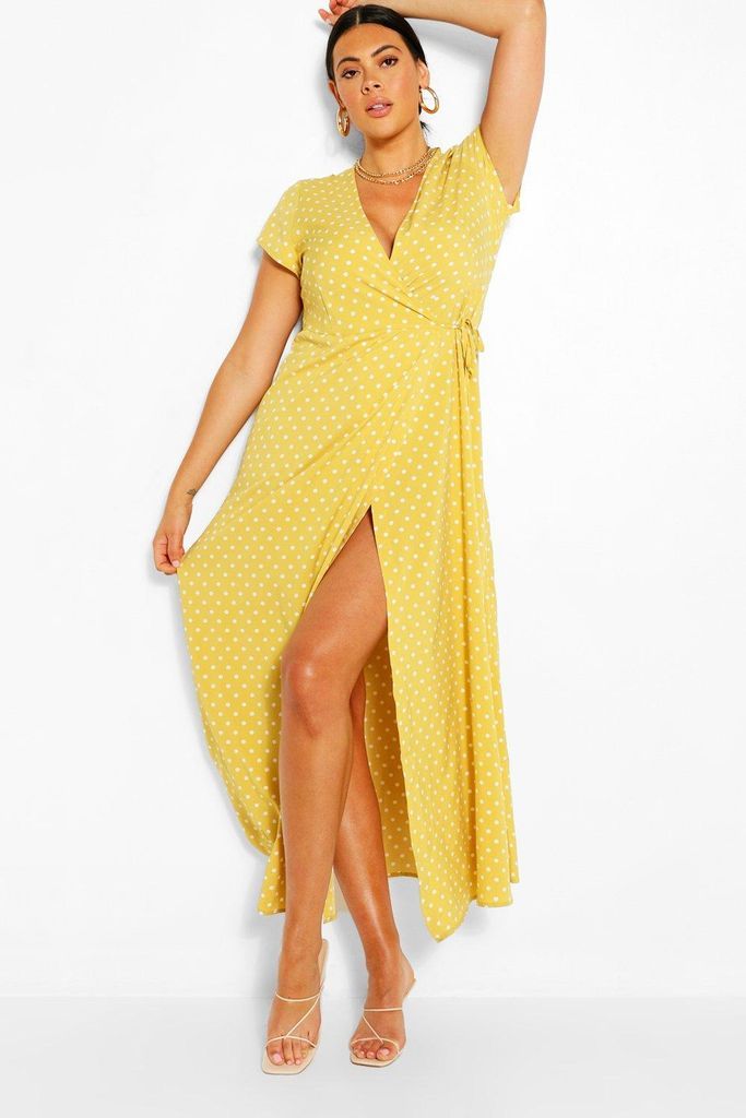 Womens Plus Polka Dot Wrap Maxi Dress - Yellow - 28, Yellow