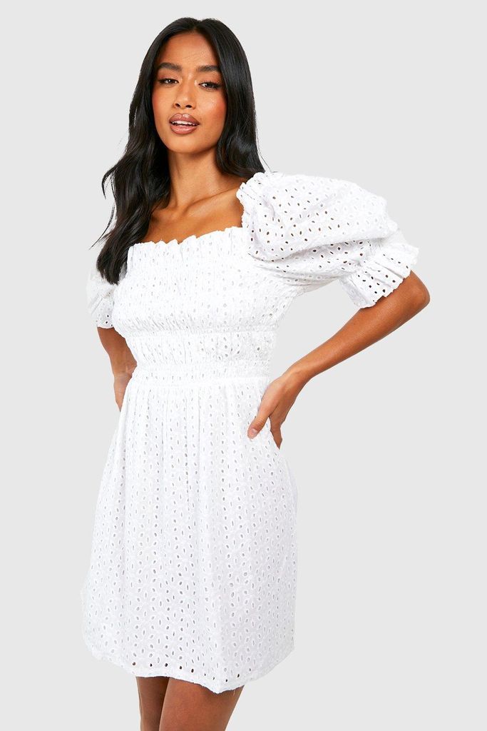 Womens Petite Broderie Puff Sleeve Shirred Dress - White - 4, White