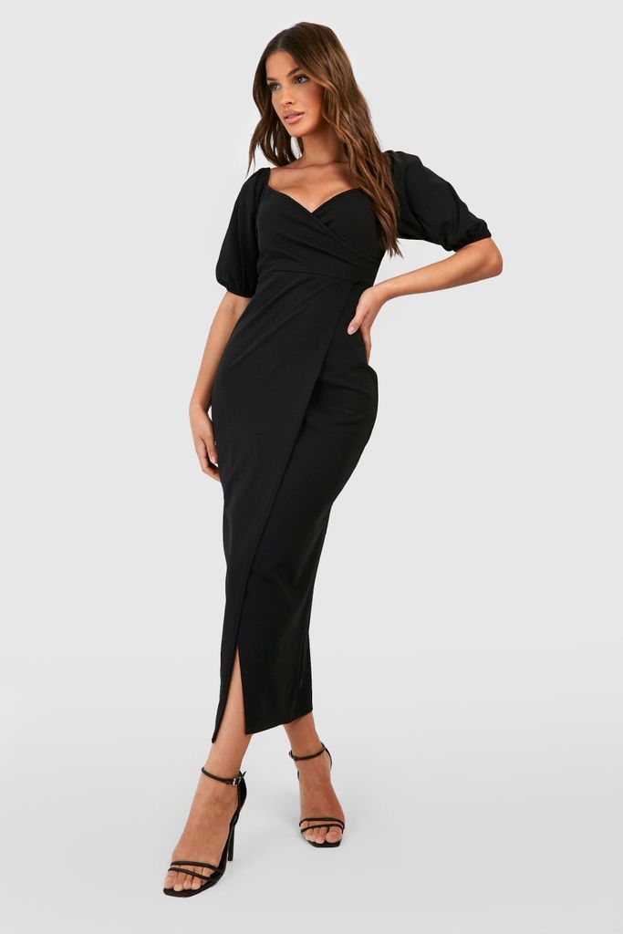 Womens Puff Sleeve Wrap Midi Dress - Black - 8, Black