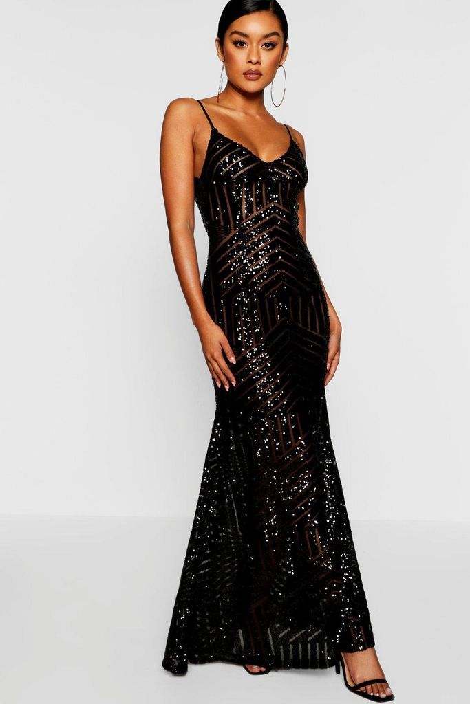 Womens Sequin & Mesh Strappy Maxi Party Dress - Black - 12, Black