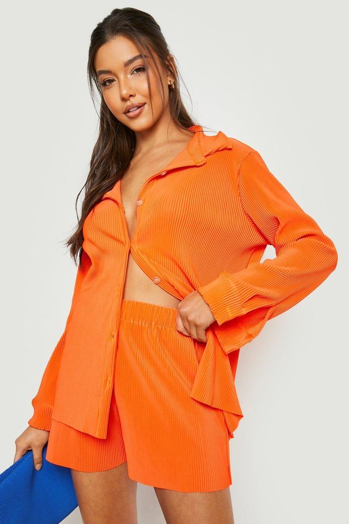 Womens Plisse Oversized Relaxed Fit Shirt - Orange - 10, Orange