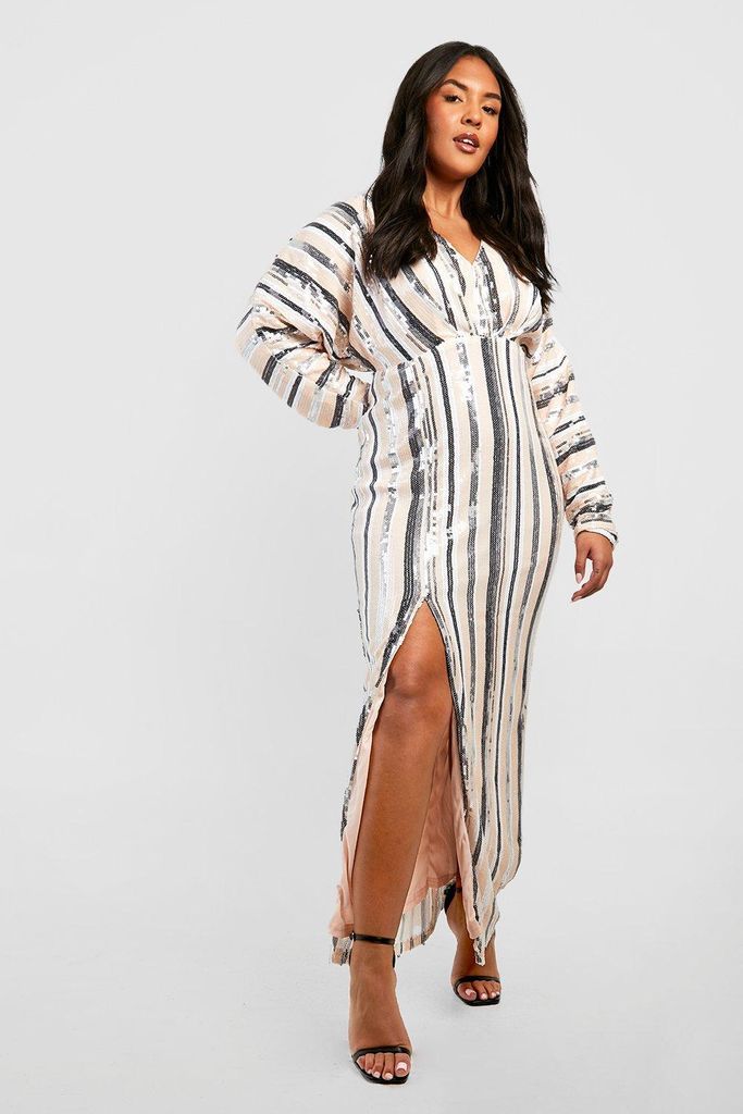 Womens Plus Sequin Stripe Split Maxi Dress - Beige - 28, Beige
