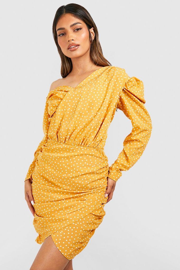 Womens Polka Dot Ruched Asymmetric Dress - Yellow - 10, Yellow