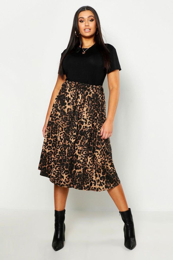 Womens Plus Jersey Animal Print Midi Skater Skirt - Brown - 20, Brown