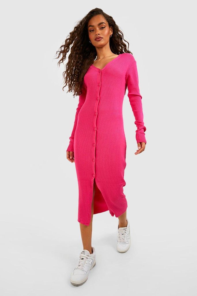 Womens Rib Knit Button Front Longline Cardigan - Pink - S, Pink