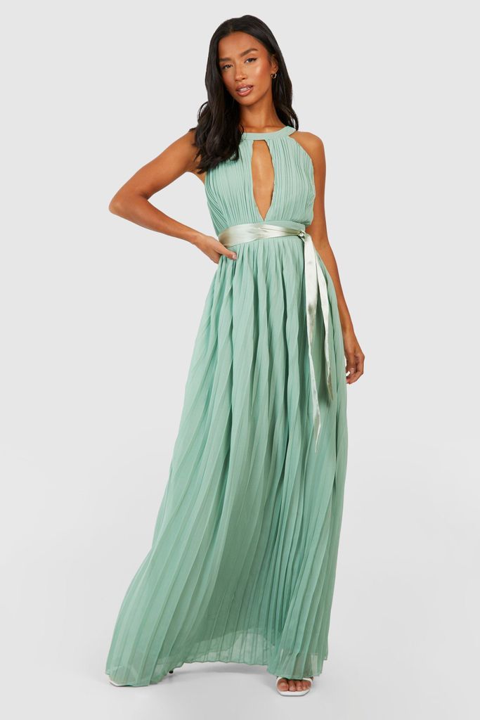 Womens Petite Pleated Belted Maxi Dress - Green - 6, Green