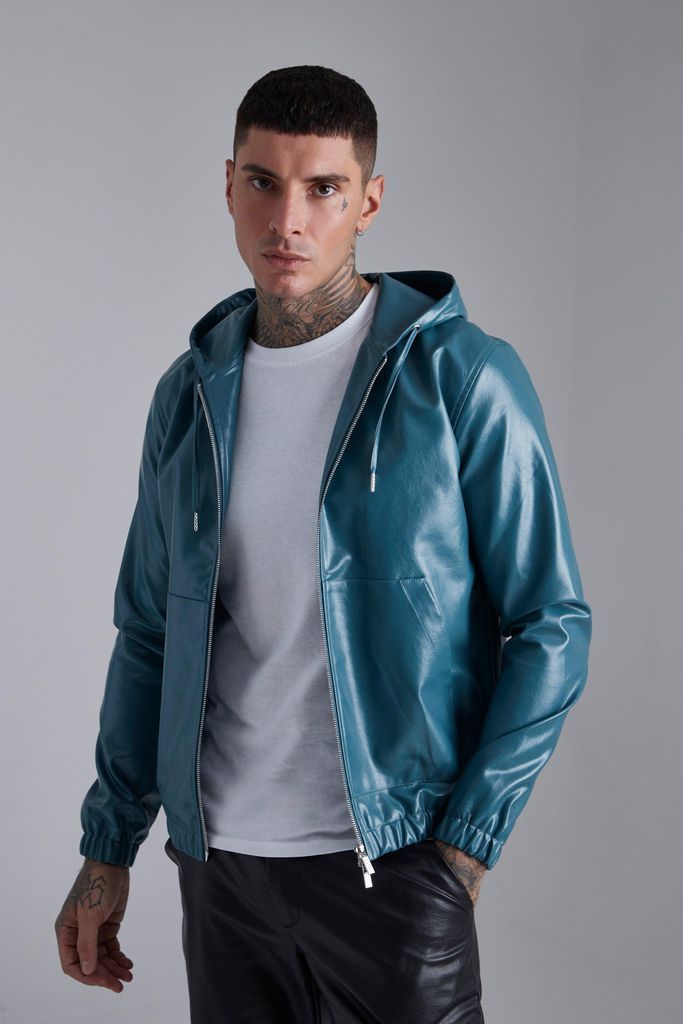 Men's Pu Bomber Jacket With Hood - Green - S, Green