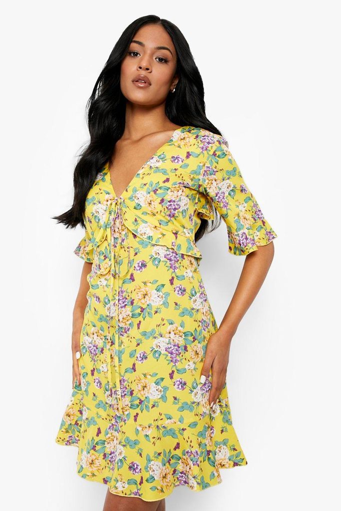 Womens Tall Woven Floral Print Ruffle Tea Dress - Yellow - 8, Yellow