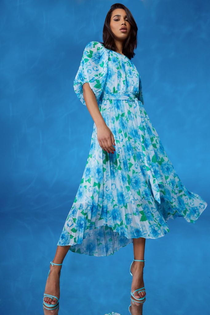 Womens Floral Pleated Puff Sleeve Midi Dress - Blue - 8, Blue