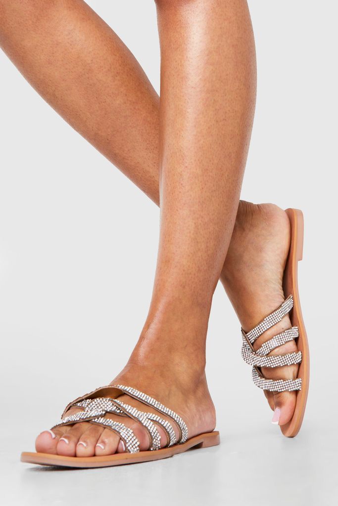 Womens Crossover Embellished Slip On Sandals - Grey - 3, Grey