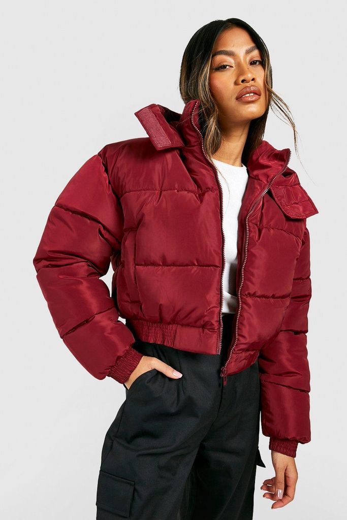 Womens Hooded Crop Puffer Jacket - Red - 14, Red