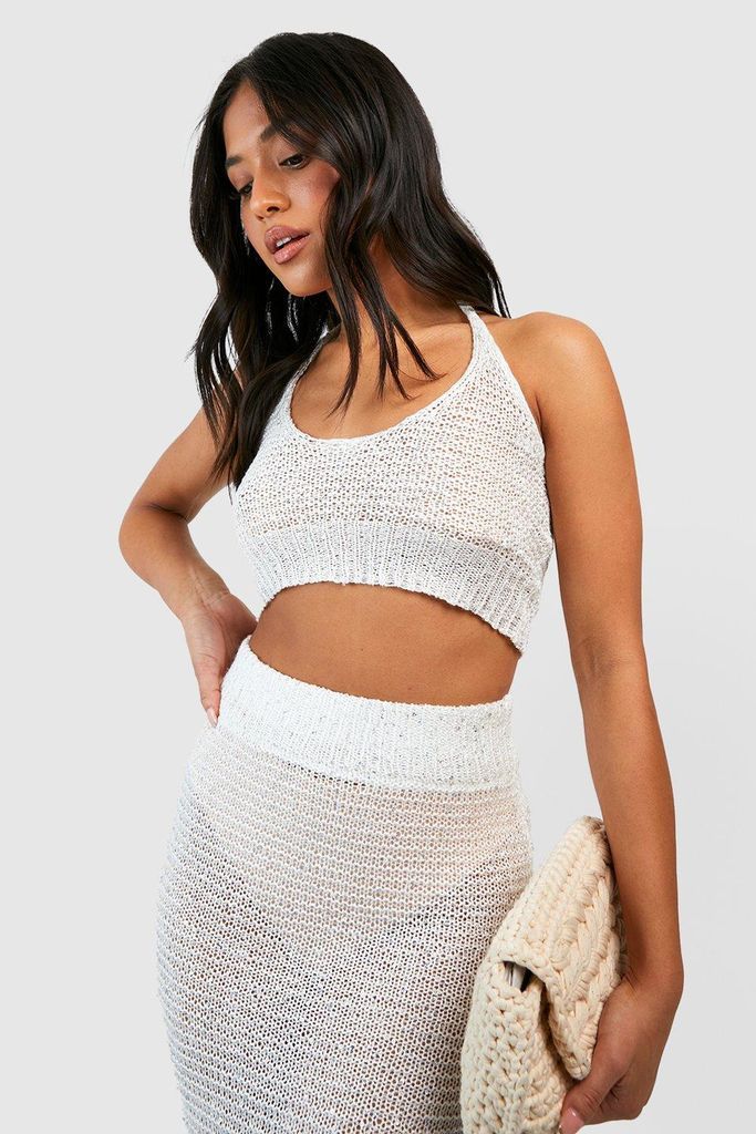 Womens Petite Sequin Crochet Halter Top - White - L, White