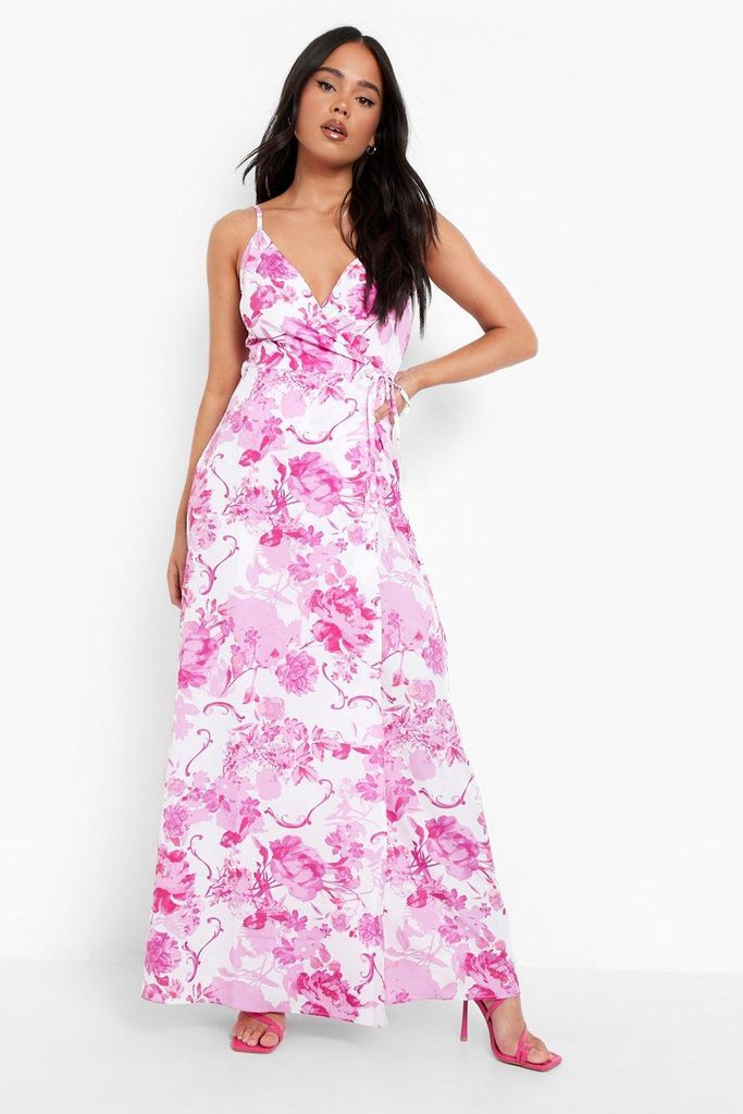 Womens Petite Woven Floral Wrap Maxi Dress - Pink - 10, Pink