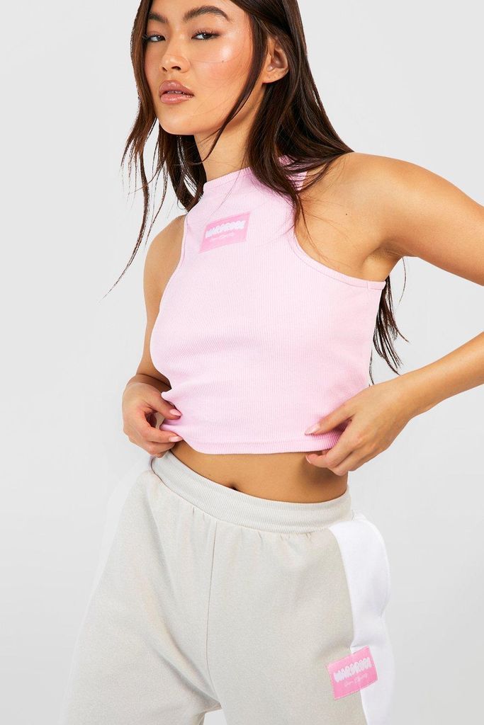 Womens Woven Tab Ribbed Crop Racer Top - Pink - 12, Pink