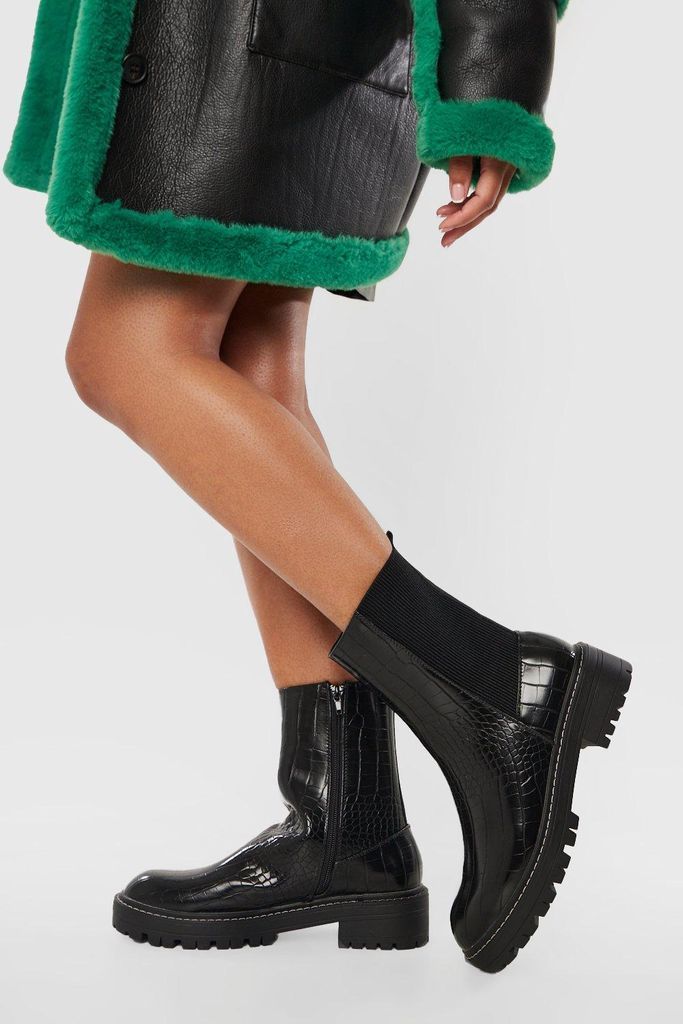 Womens Ankle Detail Croc Chelsea Boots - Black - 3, Black