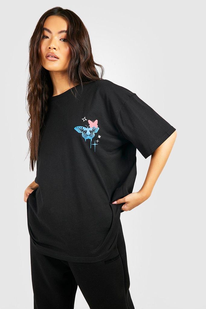 Womens Butterfly Graffiti Front And Back Print Oversized T-Shirt - Black - L, Black