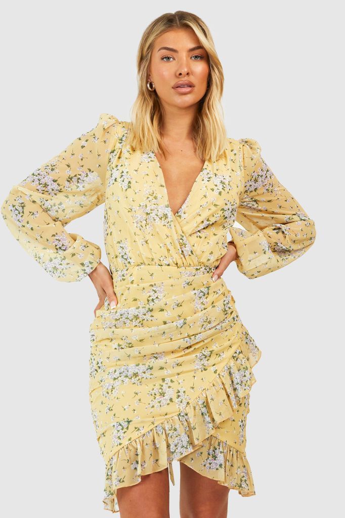 Womens Floral Chiffon Rouched Mini Dress - Yellow - 8, Yellow