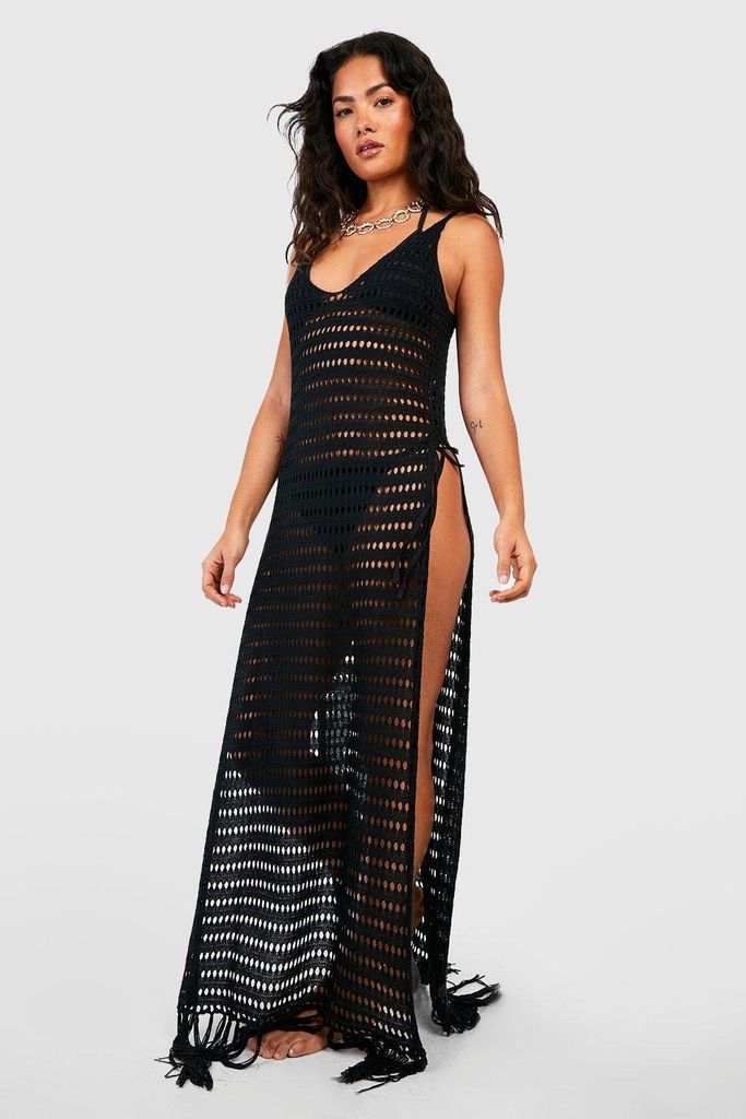 Womens Crochet Tassel Split Maxi Beach Dress - Black - M, Black
