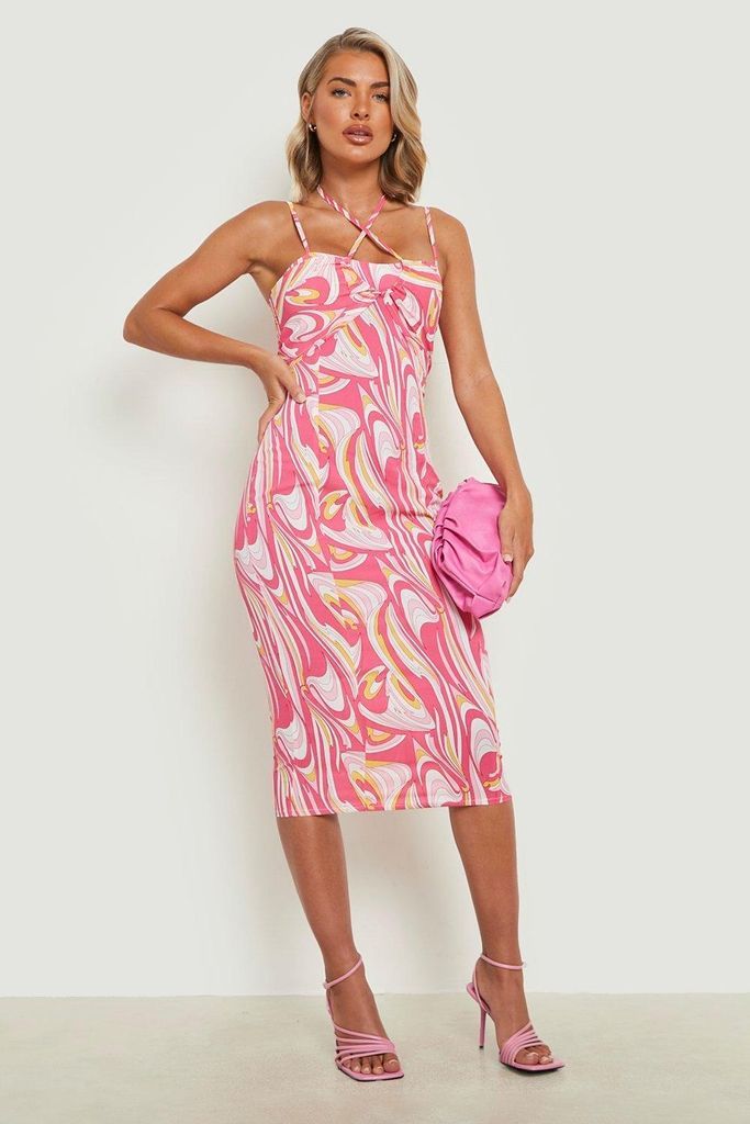 Womens Printed Strappy Midi Dress - Pink - 8, Pink