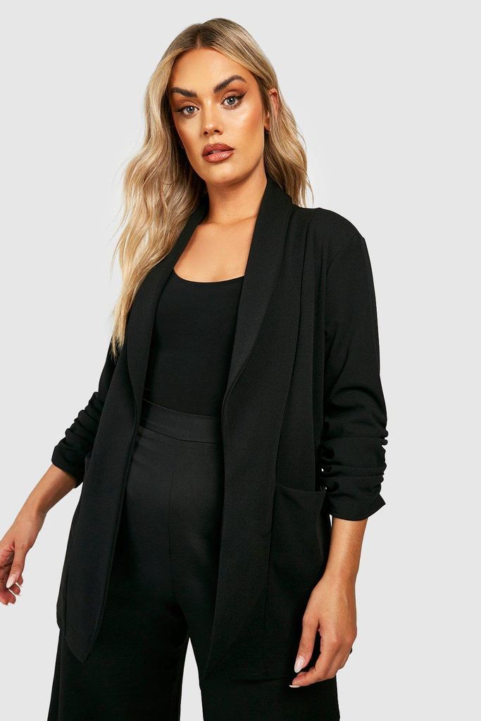 Womens Plus Lapel Detail Ruched Sleeve Blazer - Black - 24, Black