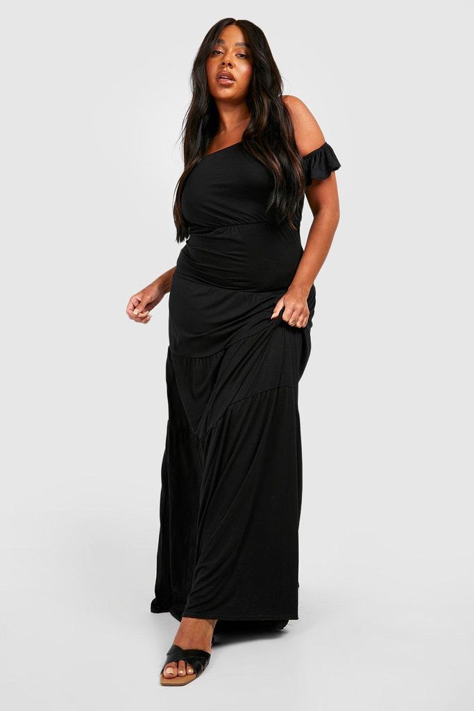 Womens Plus Jersey Off The Shoulder Tiered Maxi Dress - Black - 22, Black