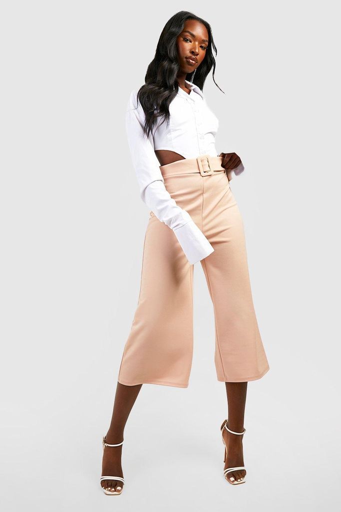 Womens High Waisted Buckle Belted Culotte Trousers - Beige - 8, Beige