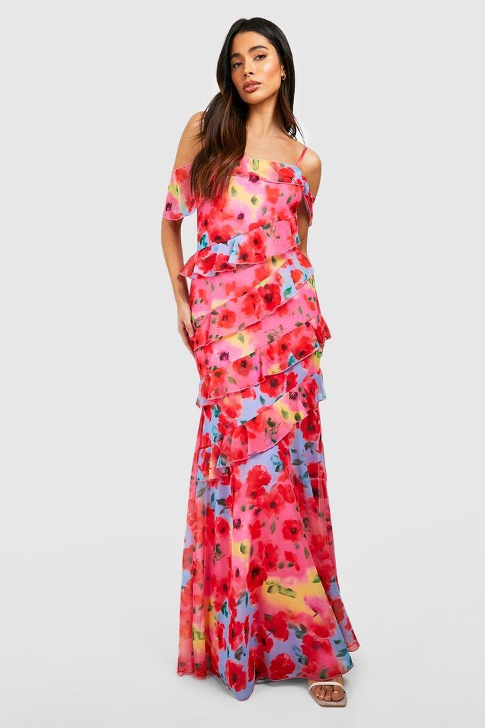 Womens Floral Ruffle Tiered Maxi Dress - Pink - 8, Pink