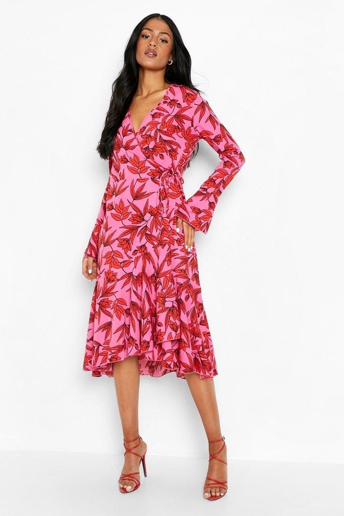 Womens Tall Contrast Floral Print Wrap Midi Dress - Pink - 6, Pink