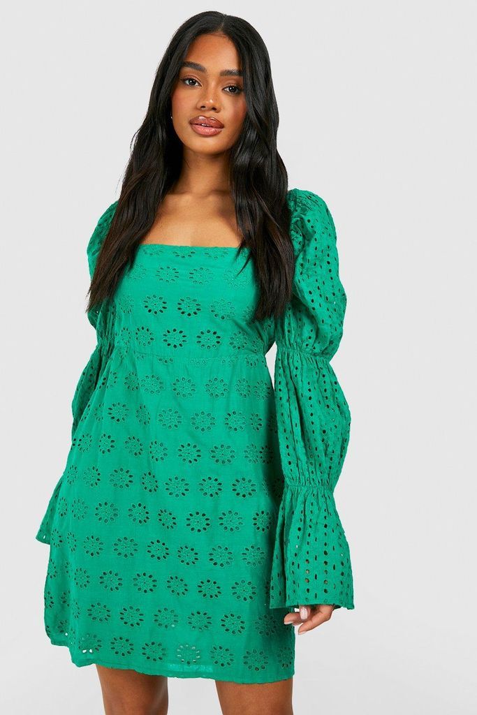 Womens Broderie Puff Sleeve Mini Dress - Green - 10, Green