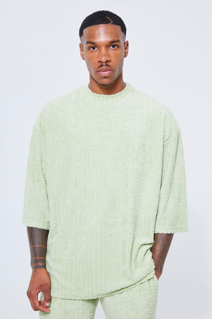 Men's Oversized 1/2 Sleeve Check Towelling T-Shirt - Green - S, Green