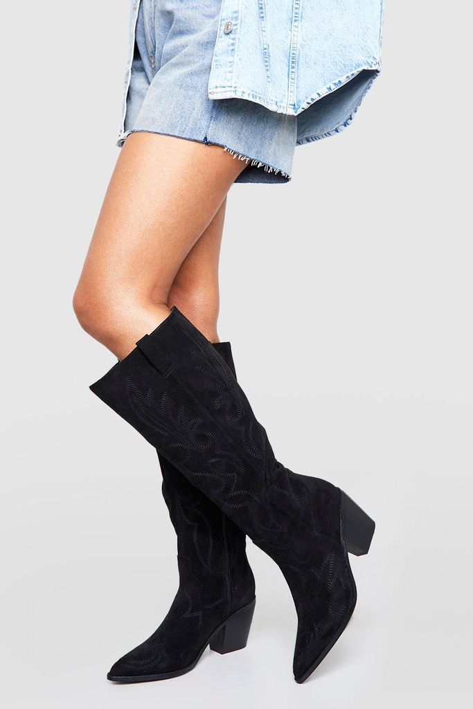 Womens Casual Knee High Western Cowboy Boots - Black - 3, Black