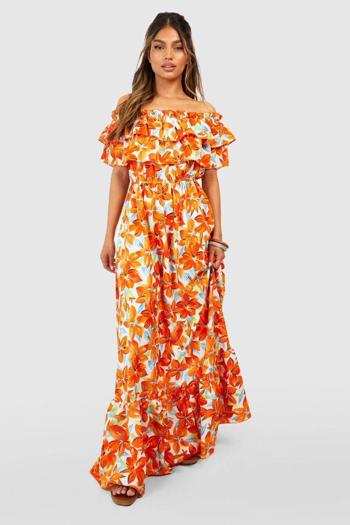 Womens Floral Off The Shoulder Ruffle Maxi Dress - Orange - 8, Orange