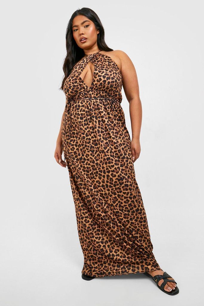 Womens Plus Jersey Leopard Halterneck Maxi Dress - Multi - 16, Multi