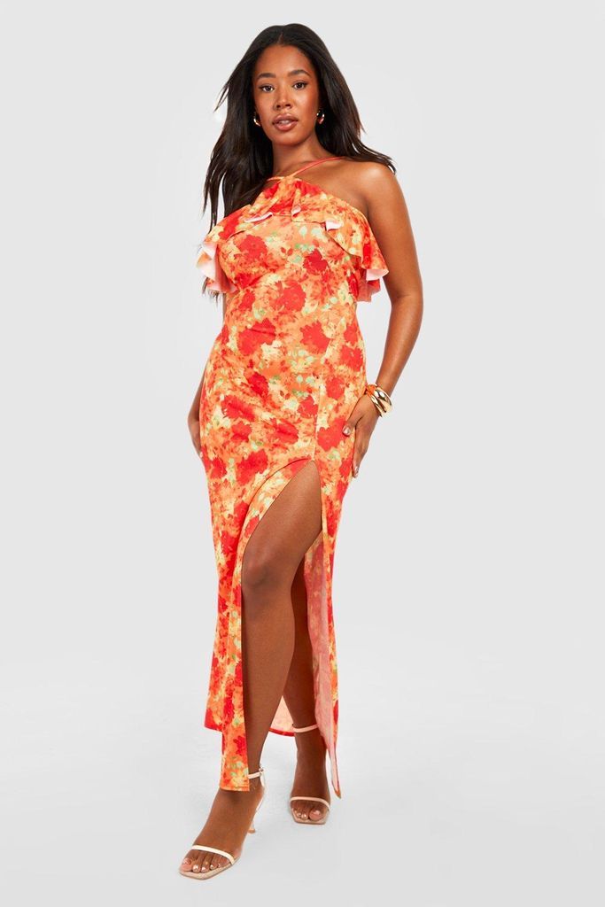 Womens Plus Jersey Ruffle Ditsy Maxi Dress - Orange - 16, Orange