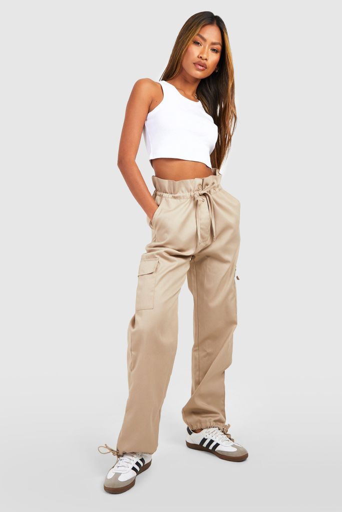 Womens Paper Bag High Waisted Woven Cargo Trousers - Beige - 6, Beige