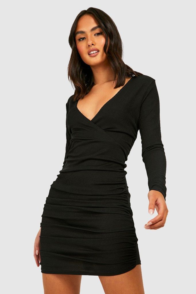 Womens Rib Wrap Rouched Mini Dress - Black - 10, Black