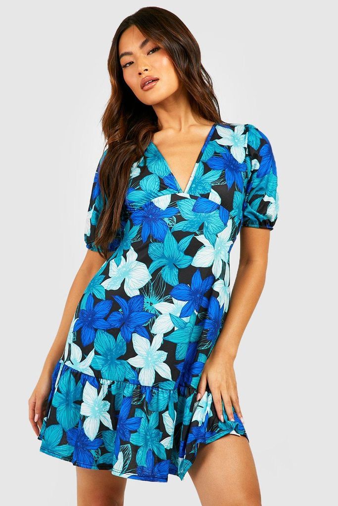 Womens Floral Puff Sleeve Sundress - Blue - 8, Blue