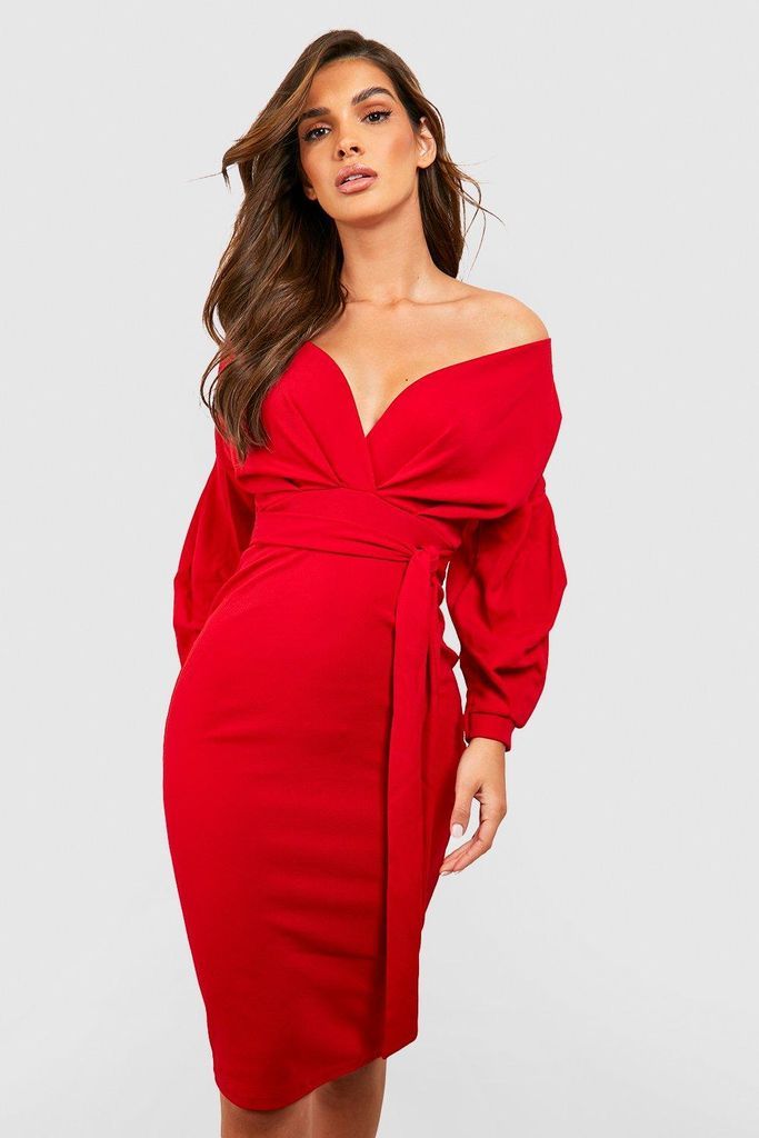 Womens Off The Shoulder Wrap Midi Dress - Red - 10, Red