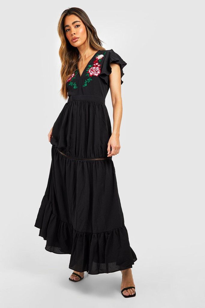Womens Embroidered Ruffle Hem Maxi Dress - Black - 8, Black